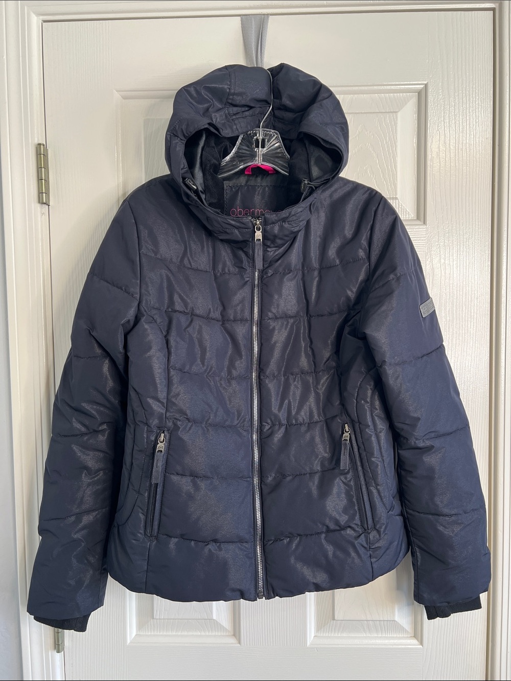 Obermeyer midnight blue puffer jacket with hood womens size 8
